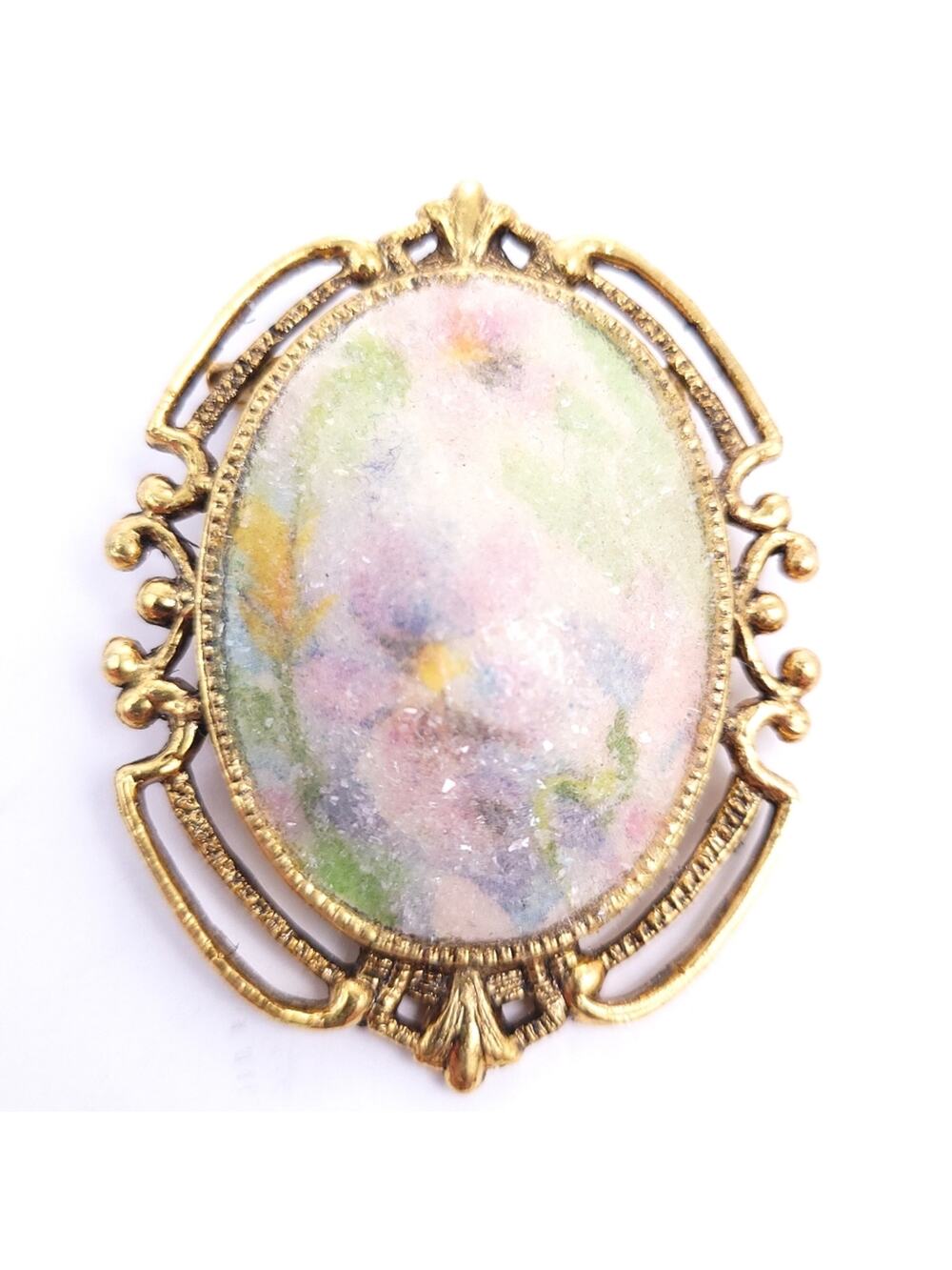 Vintage Floral Brooch Floral Filagree Gold Tone, Domed, Sparkly, Pastels 2.25x2